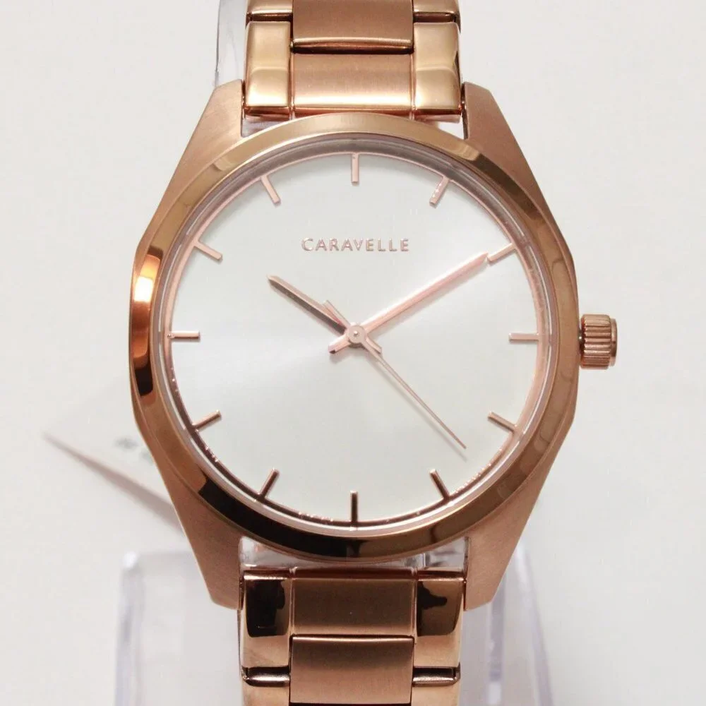 Caravelle Ladies Minimalist Watch By Bulova Rose Gold White Sun-ray Dial 36mm